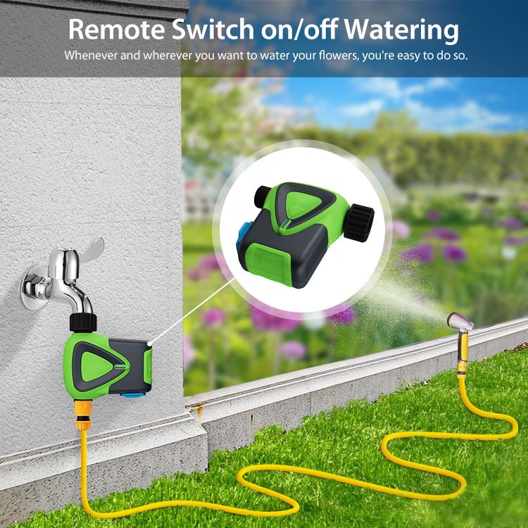 Green WiFi smart sprinkler timer mounted on outdoor hose with black control head