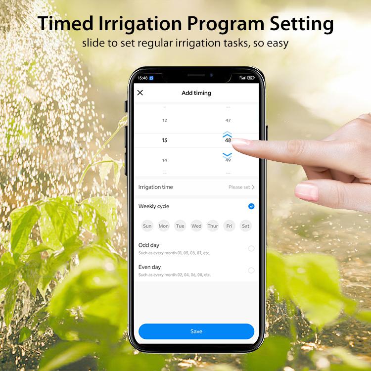 Green WiFi smart sprinkler timer with black top dial and green side module