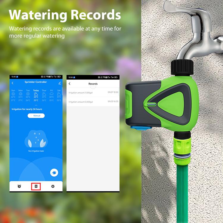 Green WiFi smart sprinkler timer attached to faucet with black control head