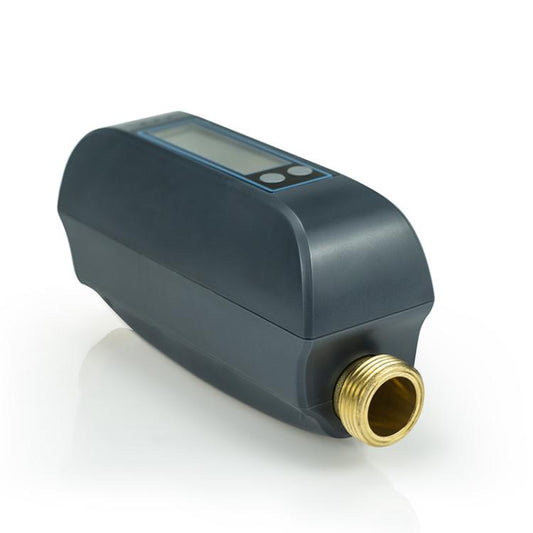 WiFi smart water valve, angled side view with gold outlet fitting and top control display