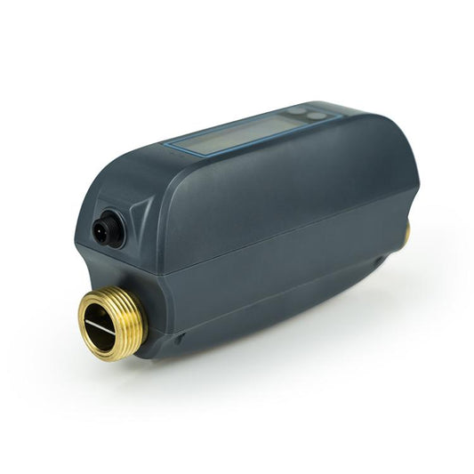 WiFi smart water valve, dark gray housing with gold threaded inlet and outlet ports