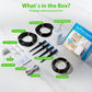 WiFi smart drip irrigation box contents with hoses, emitters, connectors, and manual