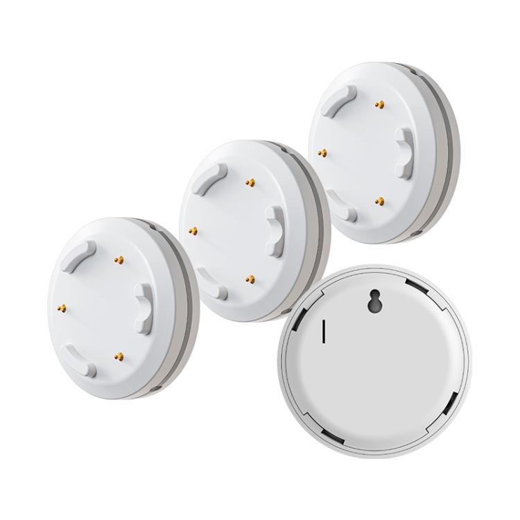 WiFi smart water leak alarm kit: three white alarm devices and one opened base