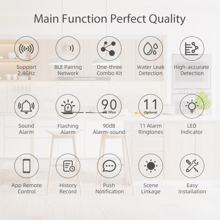 WiFi smart water leak alarm kit feature chart with alarm, detection, and app control icons