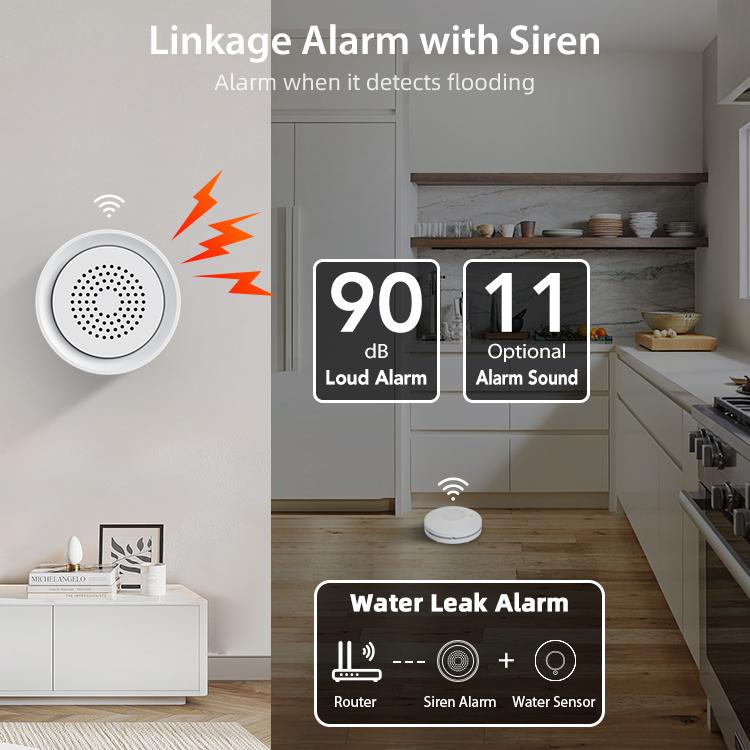 WiFi smart water leak alarm kit: round siren alarm with loud alarm sound indicators