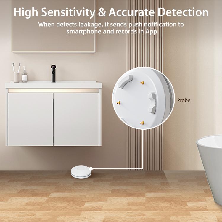WiFi smart water leak alarm kit: white circular water leak sensor with probe pins