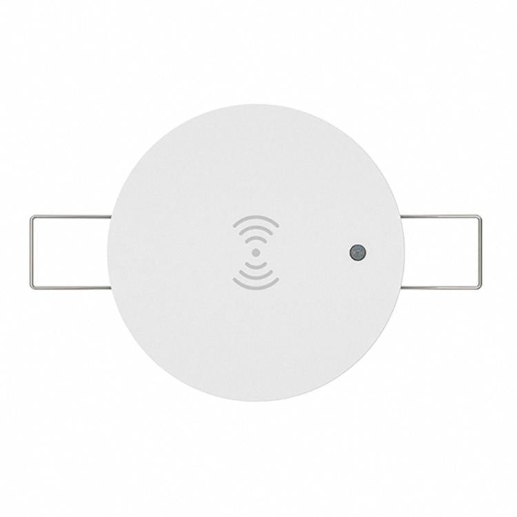 Round white WiFi human presence sensor with metal mounting bracket bars