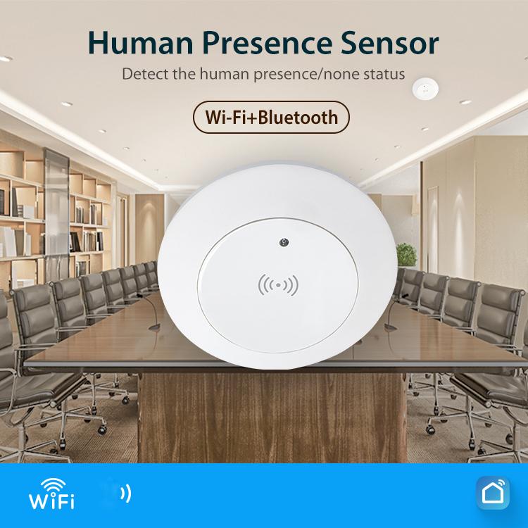 Round white WiFi human presence sensor with antenna icons and small status light