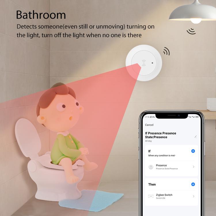 White ceiling presence sensor for detecting someone in the bathroom