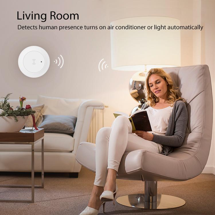 White WiFi presence sensor on wall/ceiling for room automation
