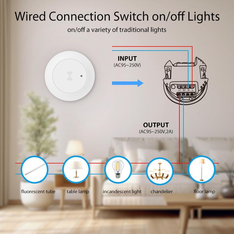 Round white wired connection switch with input and output wiring diagram
