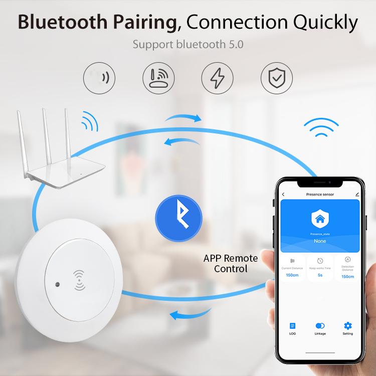 WiFi human presence sensor paired with phone app, Bluetooth connection signal arrows