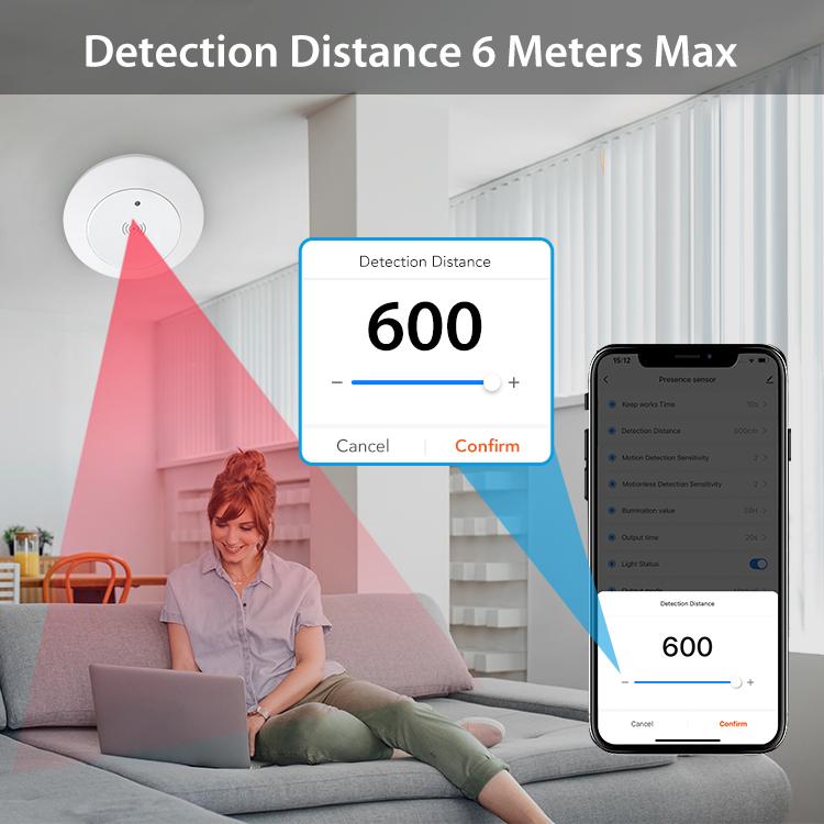 Ceiling-mounted white presence sensor indicating up to 6m detection distance