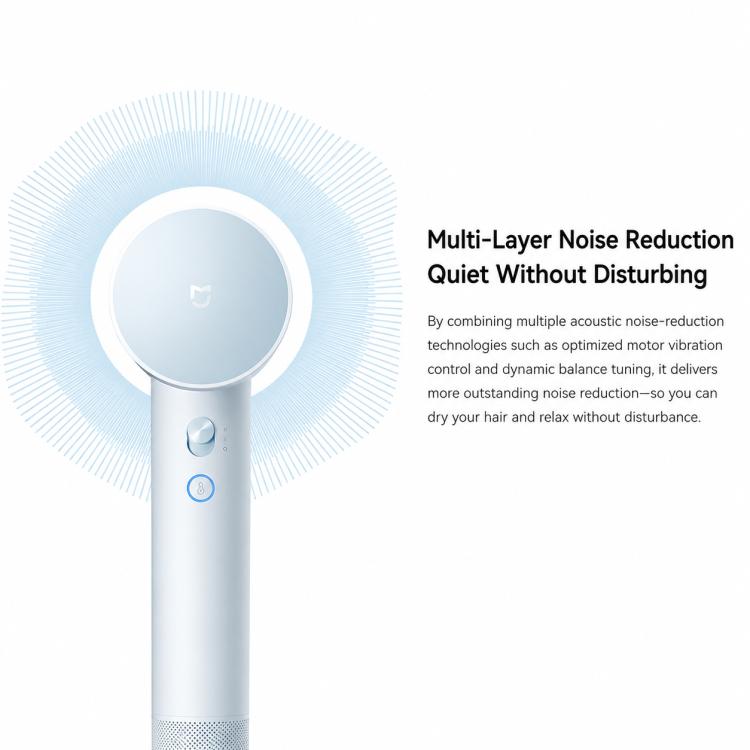Xiaomi Mijia high-speed hair dryer in light blue, with nozzle and front control panel