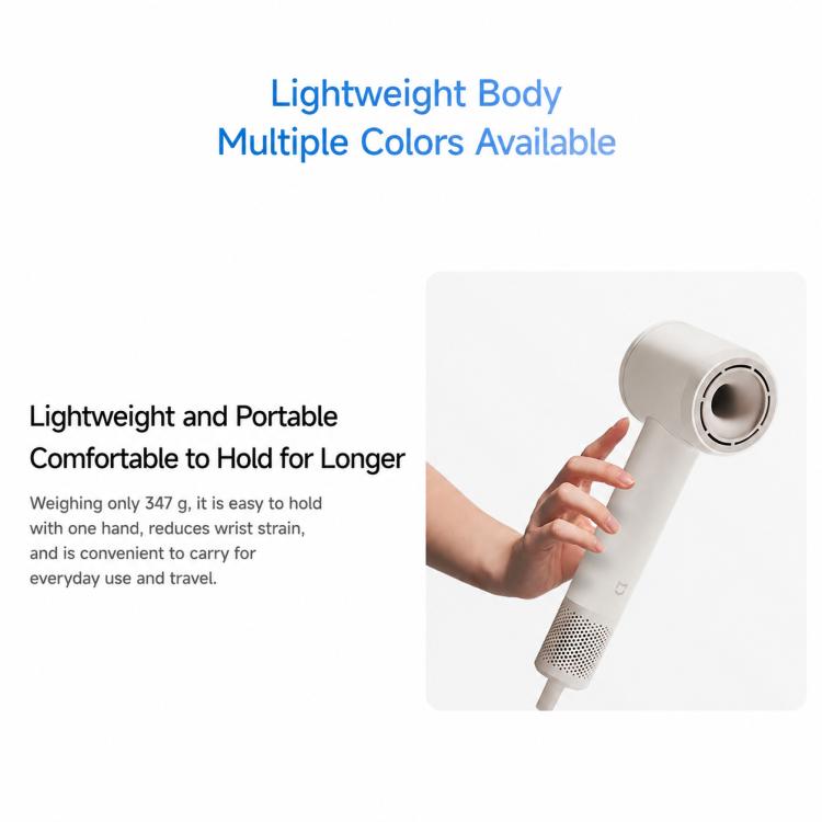 Milky white Xiaomi Mijia high-speed hair dryer held in hand, showing vented barrel