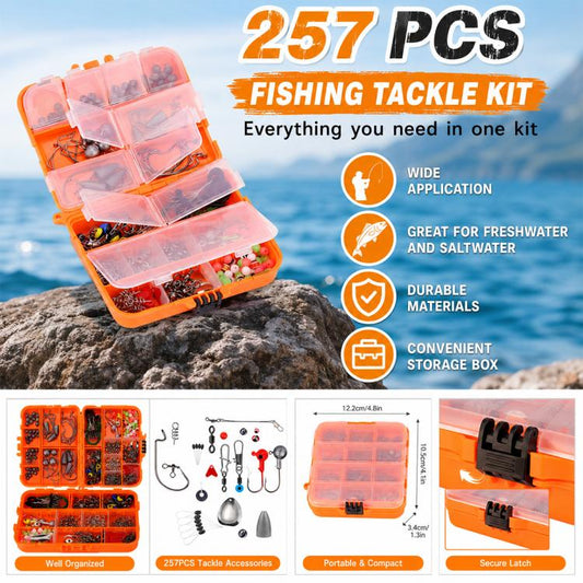 257-piece fishing tackle kit with orange lidded storage box and transparent compartments