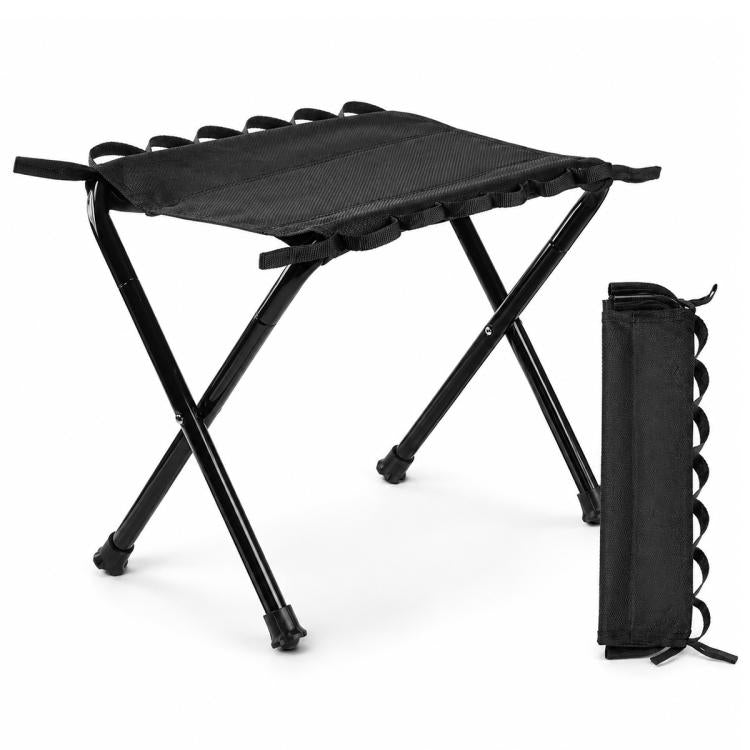 Black folding stool with padded fabric seat and side storage pouch