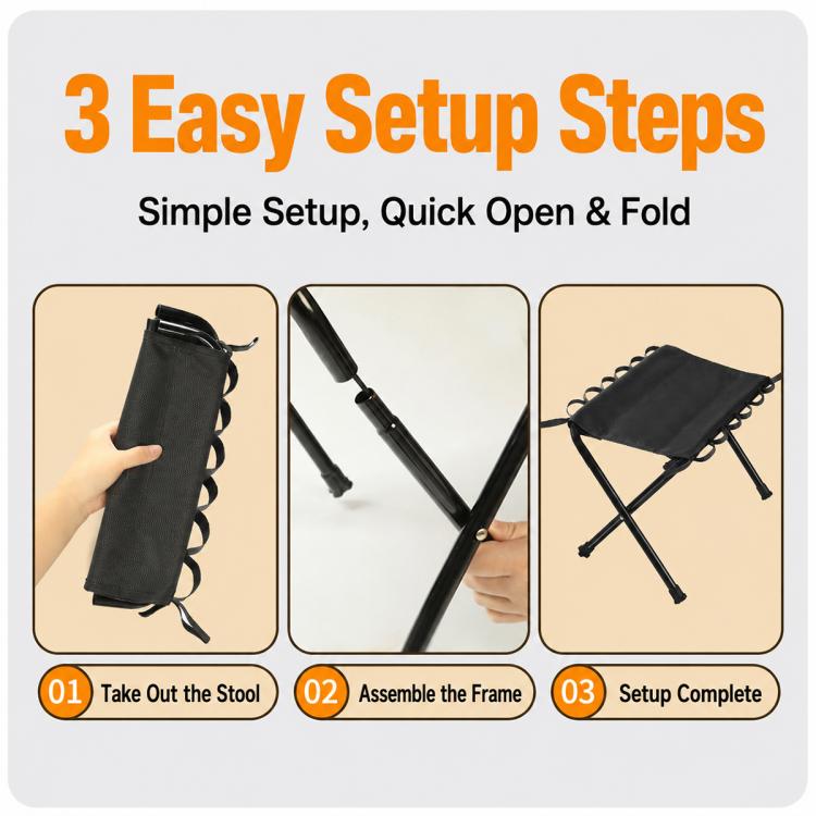 Black portable folding stool with quick open-and-fold design and black fabric top