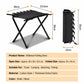 Black folding storage stool with carrying bag and X-frame; includes size dimensions