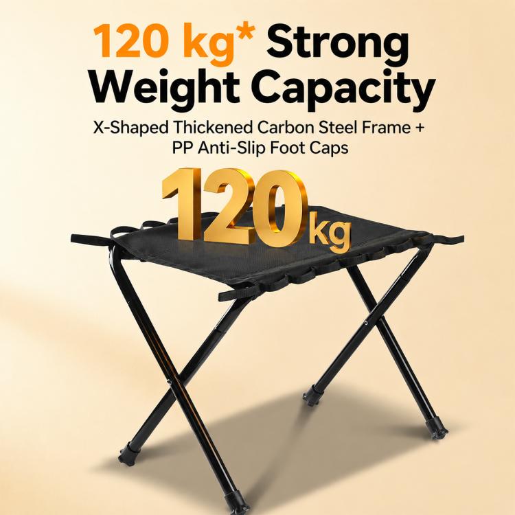 Black heavy-duty folding stool with wide seat on X-frame metal legs