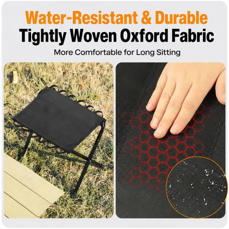 Black water-resistant folding stool with tightly woven Oxford fabric seat