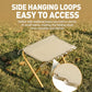 Khaki portable folding storage stool with fabric top and side hanging loops