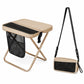 Khaki portable folding stool with crossbody carry bag and black mesh side storage