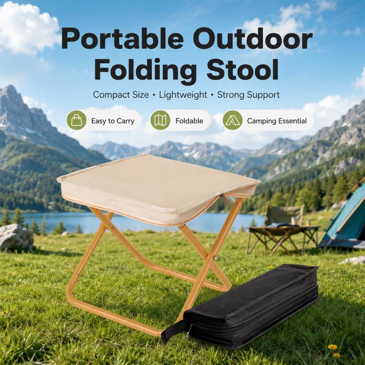 Portable folding stool with zip storage bag, khaki seat and light wood-tone legs