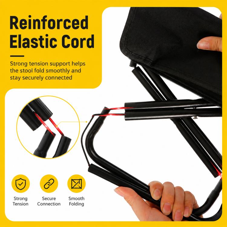 Black zippered storage bag for a folding chair with elastic cord strap
