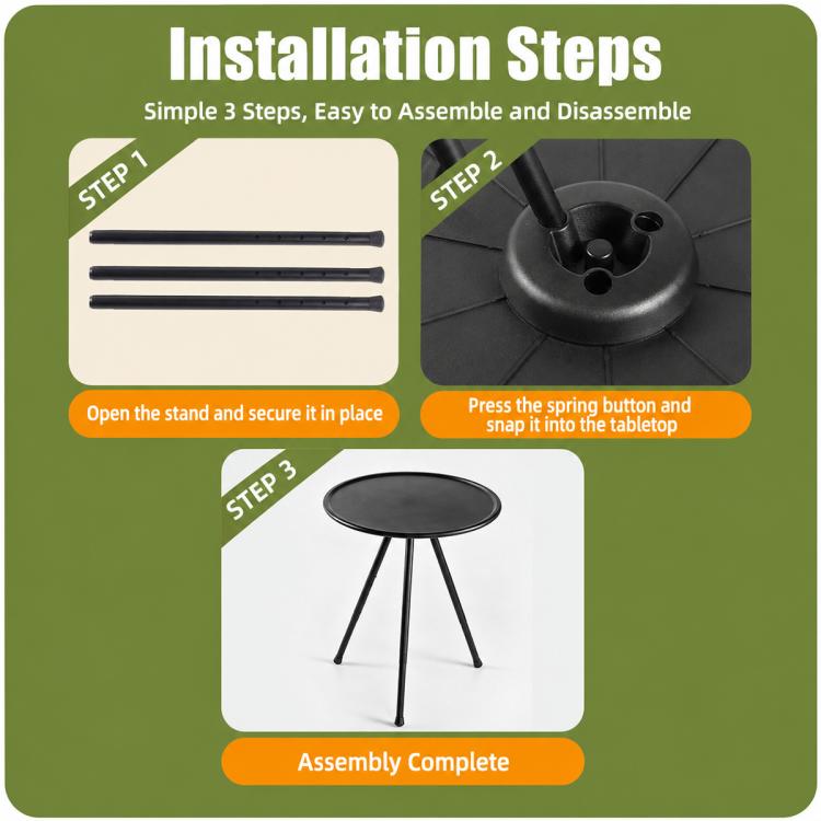 Camping round table setup steps showing snap-in tabletop and base
