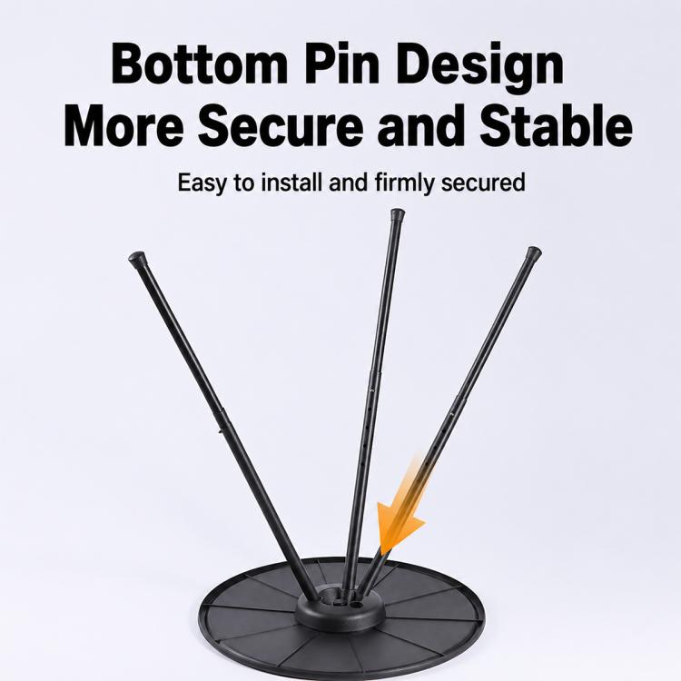 Round black camping table base with bottom pin feet for stability