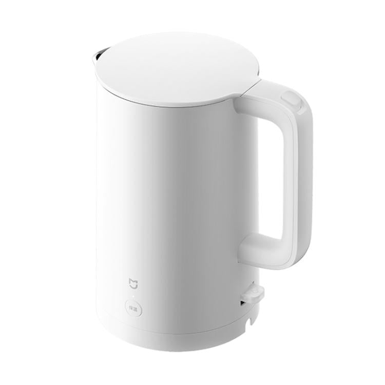 White electric kettle with handle and spout, smooth lid and base.