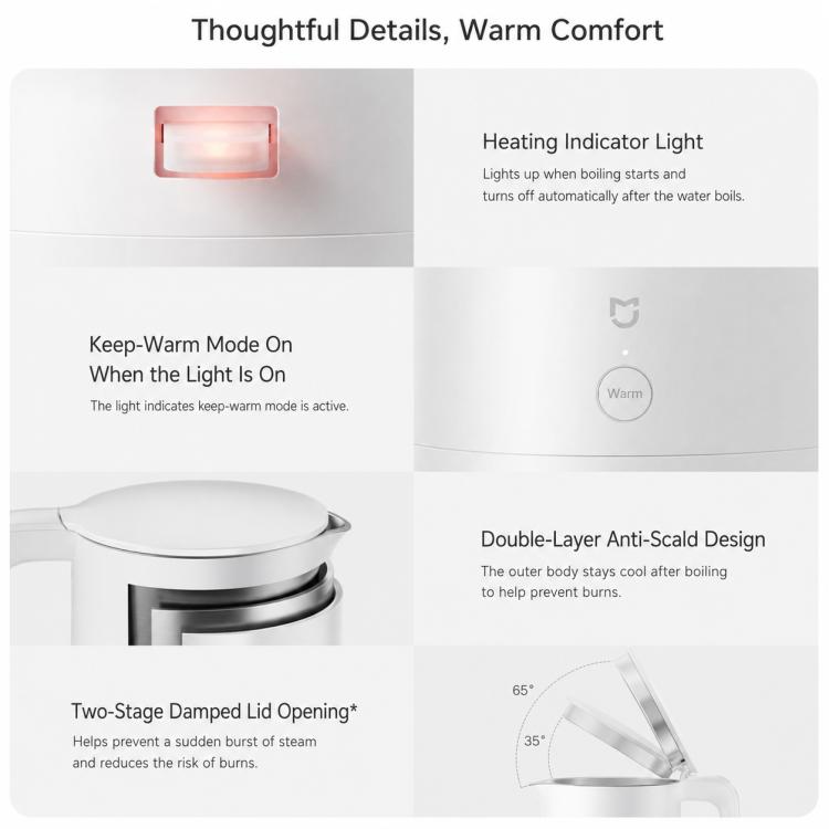 Stainless steel electric kettle with open lid and warm heating indicator light