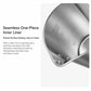 Seamless stainless inner liner of a white electric kettle, shown from the side.