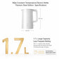 White electric kettle on a product size diagram, front view.