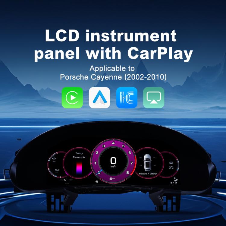 Car LCD instrument panel with digital gauges and CarPlay icons, black dashboard