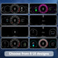 Car LCD instrument cluster UI design collage, multiple dial layouts on black panel