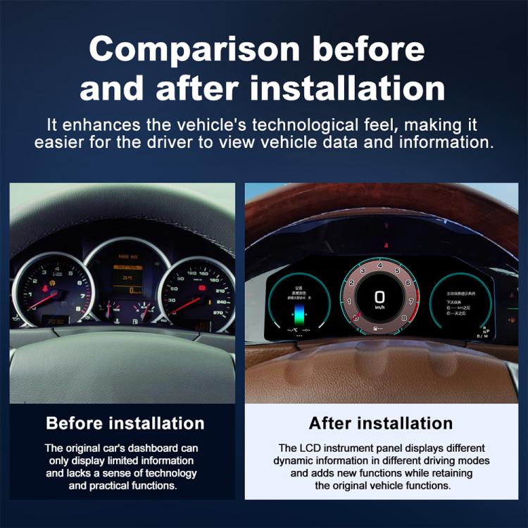 Car dashboard instrument cluster before-and-after view, LCD gauges on black panel