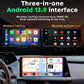 Car smart box shown with dashboard screens for Android interface and wireless CarPlay/Android Auto