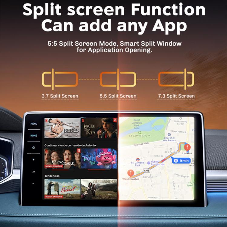 Car smart box shown with split-screen dual display mode on dashboard