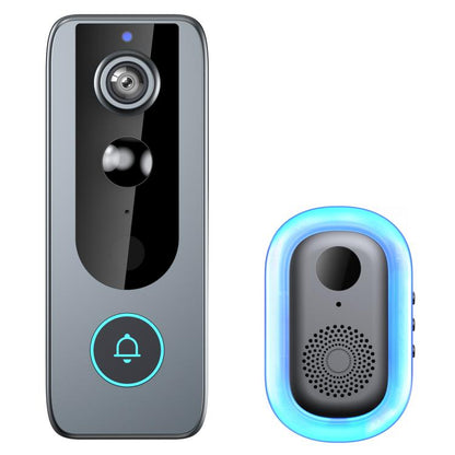 Black wireless video doorbell with blue LED ring and matching indoor chime unit