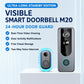 Black smart video doorbell paired with a blue indoor chime unit, both with speaker grille