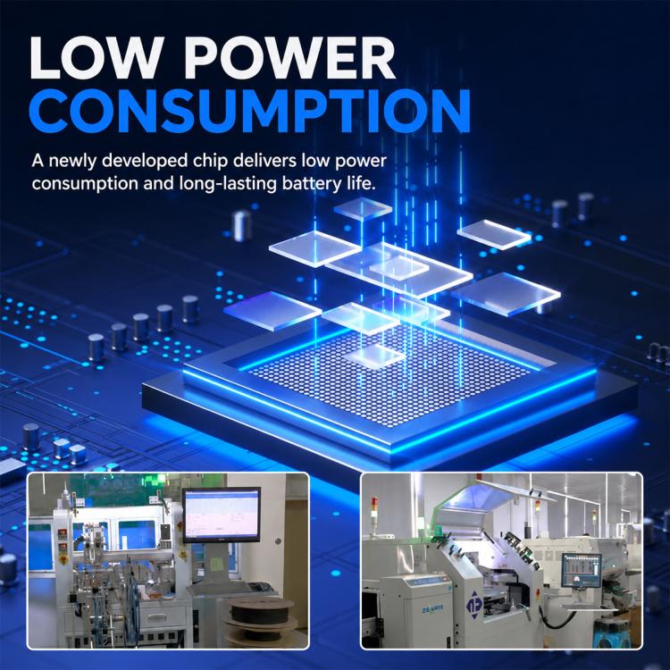 Abstract electronic circuit board graphic with glowing blue microchip components