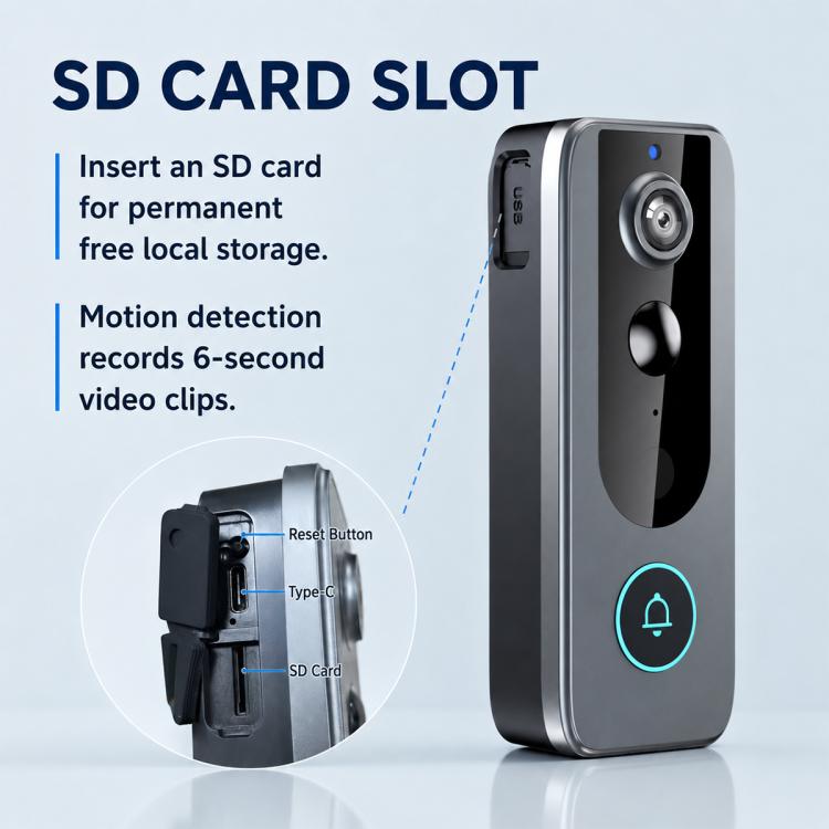 Black wireless video doorbell with visible side ports and SD card slot panel
