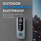 Black outdoor video doorbell with blue notification ring and built-in camera lens