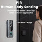Black wireless doorbell with blue LED ring and camera module for wide-angle viewing