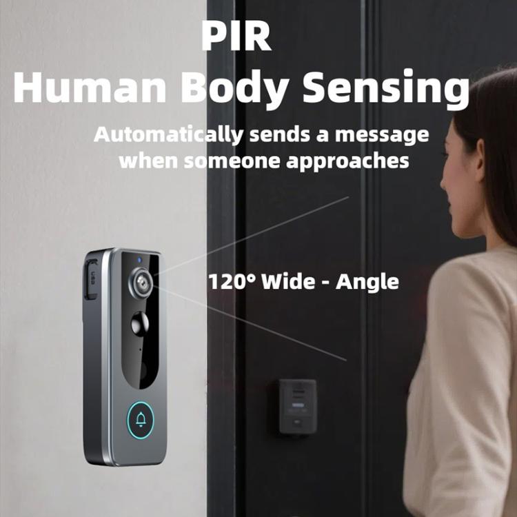 Black wireless doorbell with blue LED ring and camera module for wide-angle viewing