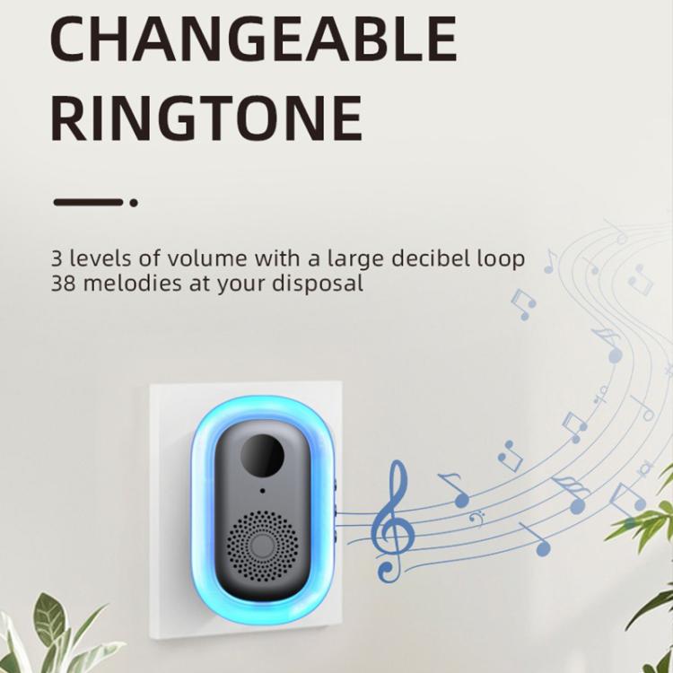 Blue and black wireless indoor chime unit with speaker grille and glowing LED ring