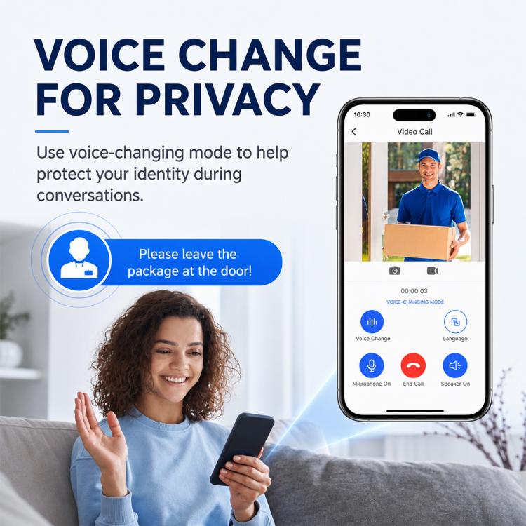 Black wireless video doorbell with blue LED ring shown alongside smartphone app preview