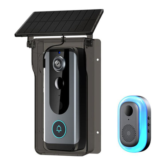 Black solar video doorbell with rain cover, front camera and speaker module